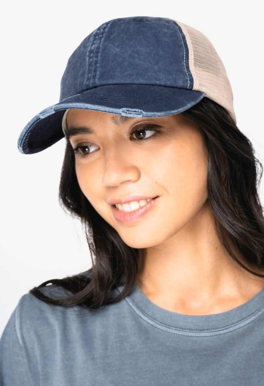 ECO-FRIENDLY UNISEX RIPPED EFFECT TRUCKER CAP - Native Spirit