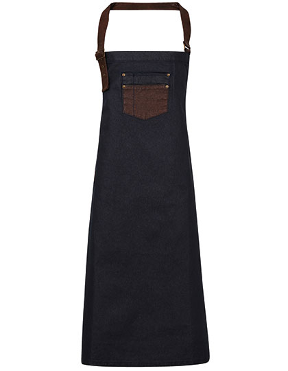 'DIVISION' WAXED LOOK DENIM BIB APRON WITH FAUX LEATHER - Premier